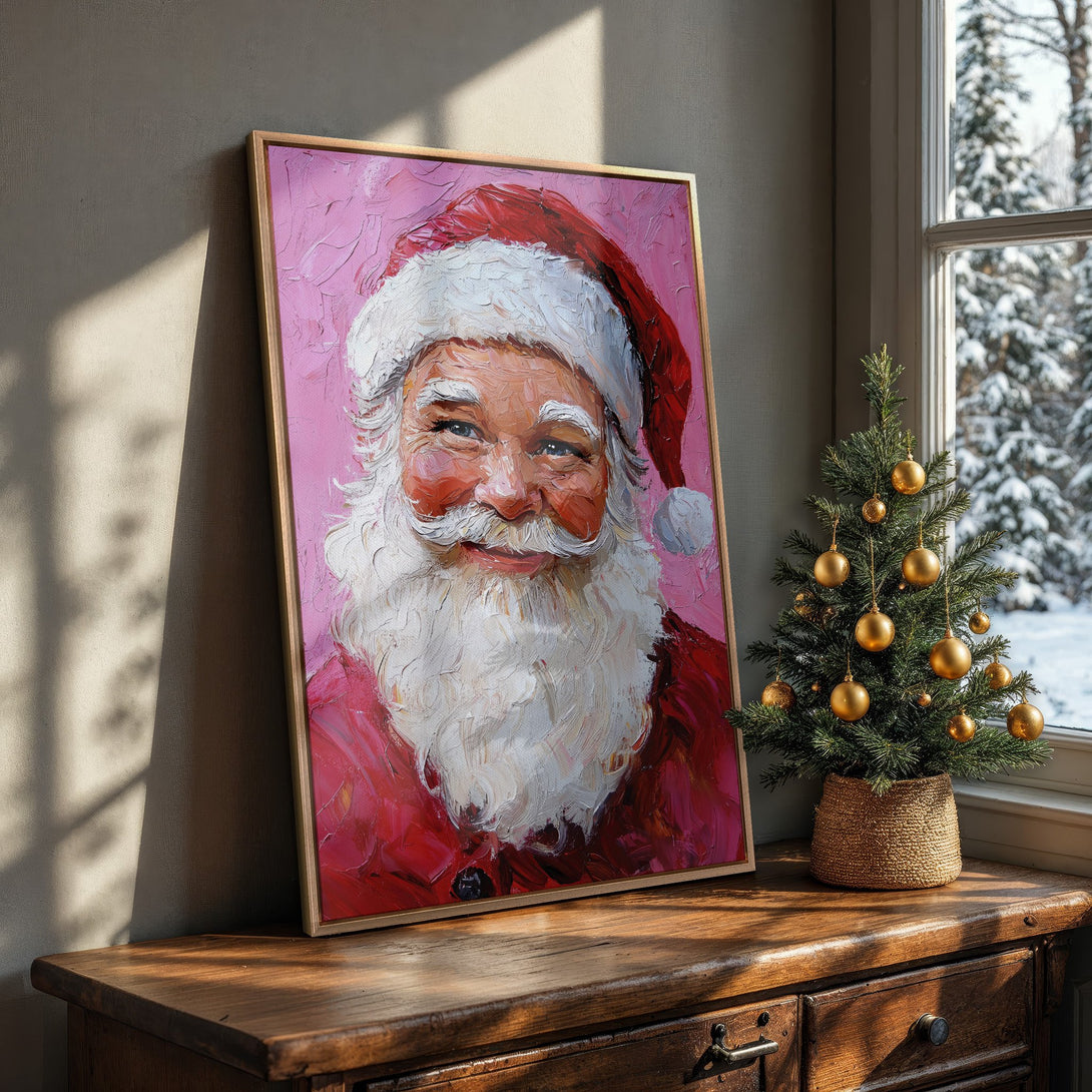 Framed Wall Art of Santa Claus in a vibrant, impressionistic style. Festive red and pink color palette, perfect Christmas decor.