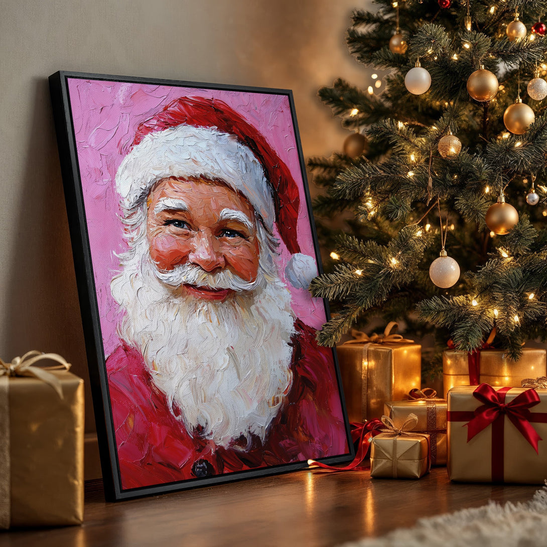 Framed Wall Art of Santa Claus, vibrant oil painting style with red, pink, and white hues. Perfect Christmas decor for a festive home!