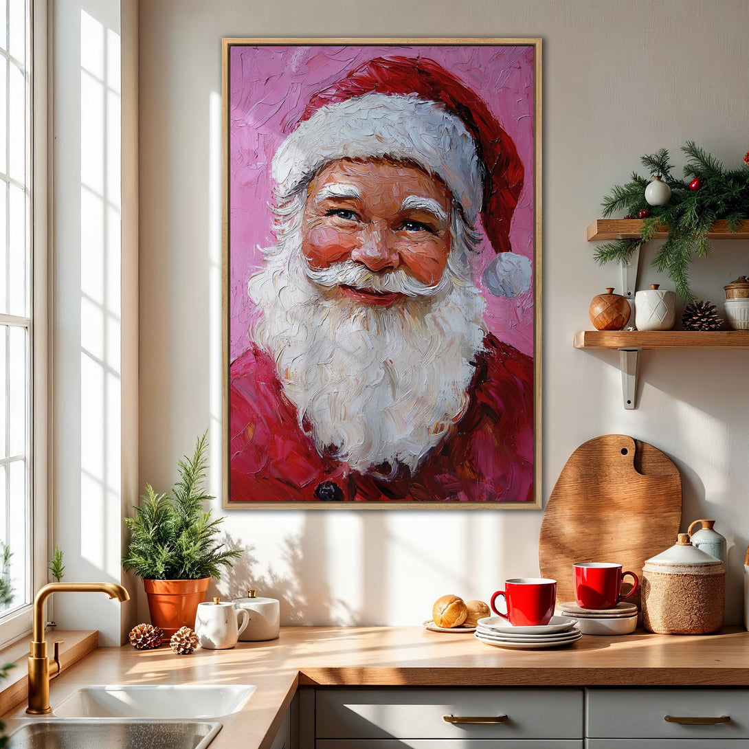 Framed Wall Art: Smiling Santa Claus portrait in a vibrant, textured style with a red and pink color palette. Perfect Christmas decor for your home!