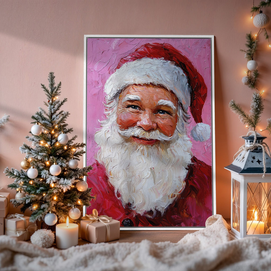 Framed Wall Art: Santa Claus portrait, impressionist style, vibrant red and pink palette. Perfect Christmas decor. Shop now for festive art!