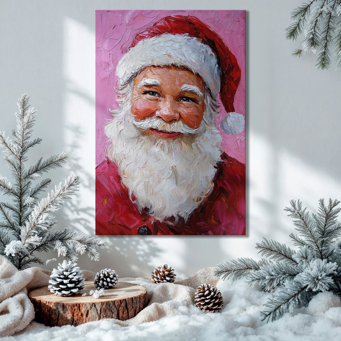 Framed Wall Art: Santa Claus oil painting with vibrant red, pink, and white palette. Festive Christmas decor with a warm, inviting atmosphere.