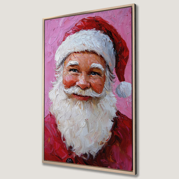 Framed Wall Art of Santa Claus portrait in impressionistic style, featuring a red, white, and pink color palette. Perfect Christmas decor!