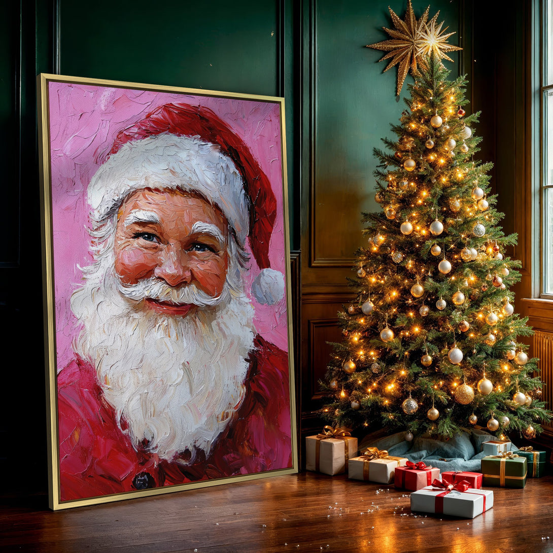 Canvas Print featuring a joyful Santa Claus portrait in a vibrant, textured style. Festive red, pink, and white color palette. Perfect Christmas wall art!