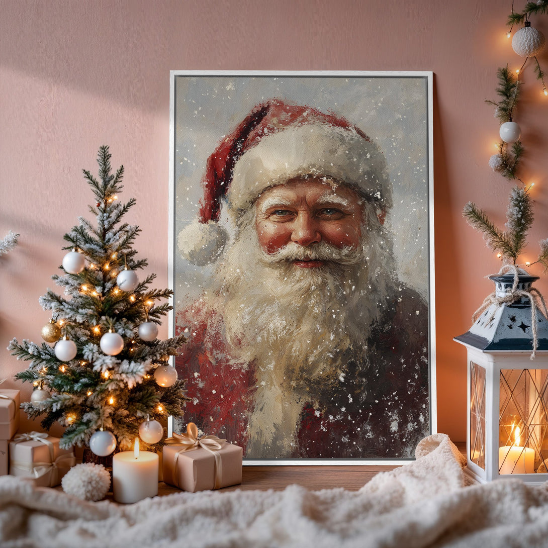 Framed Wall Art: Santa Claus portrait in warm red and cream tones. Festive holiday decor, perfect for Christmas. Add cozy charm to your home!