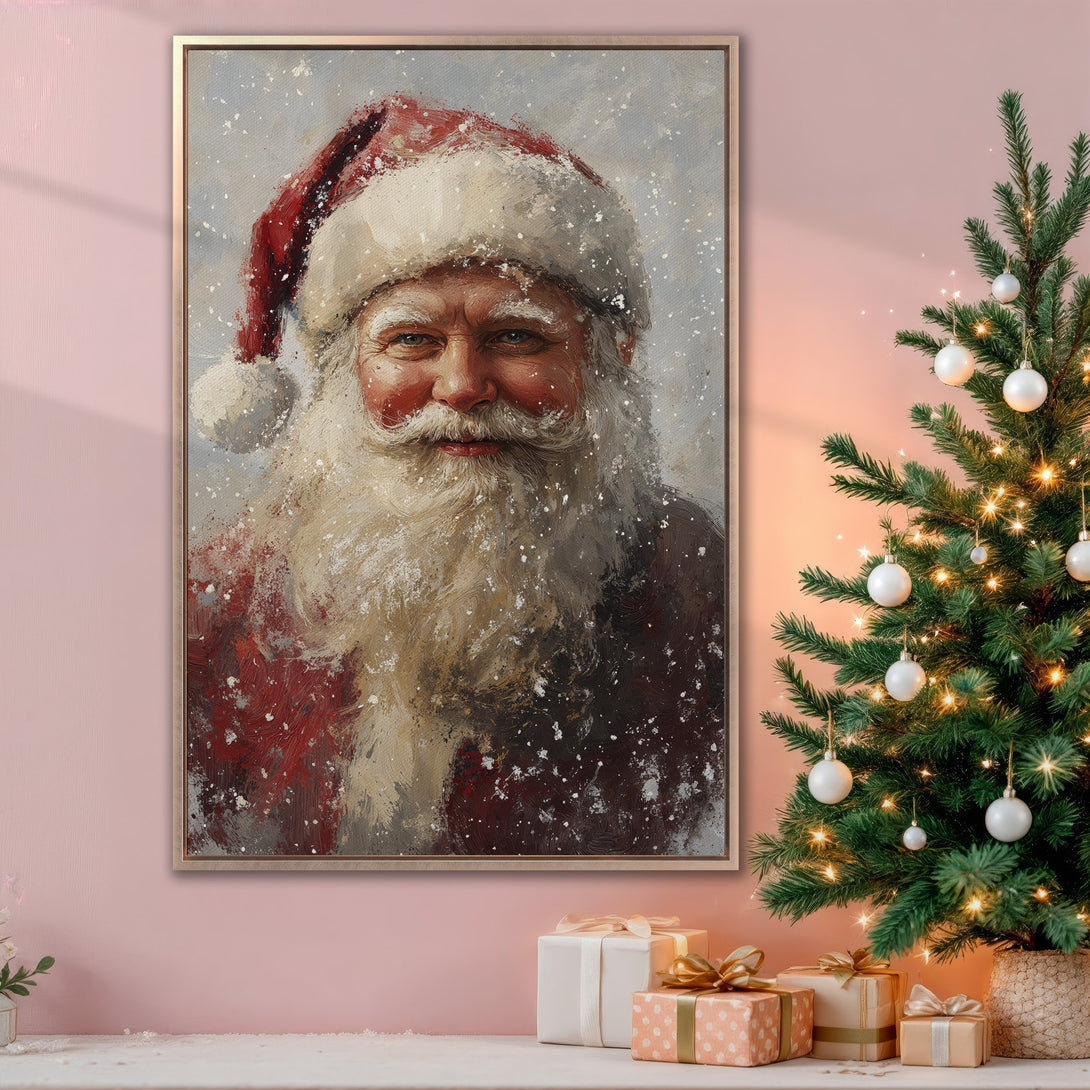 Framed Wall Art: Festive Santa Claus portrait in a painterly style. Warm red, white, and neutral tones create a cozy Christmas ambiance. Perfect holiday decor!