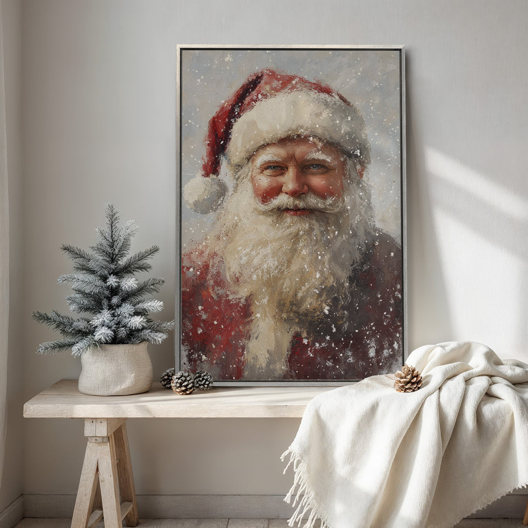 Framed Wall Art of Santa Claus in a painterly style, featuring a red, white, and neutral color palette. Perfect Christmas decor!