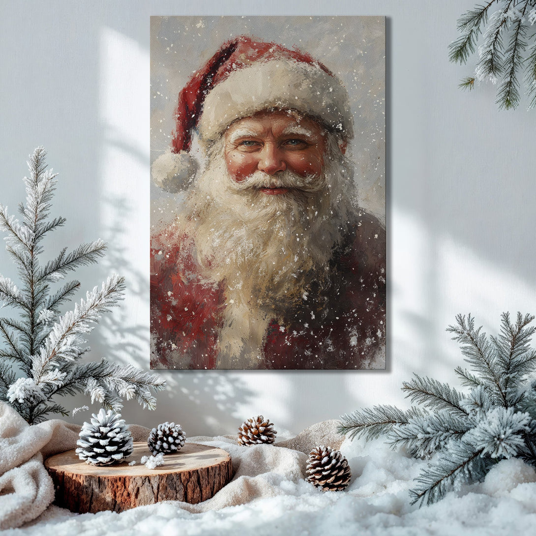 Framed Wall Art: Santa Claus portrait in a cozy Christmas scene. Warm red, gold, and green color palette. Perfect holiday decor!