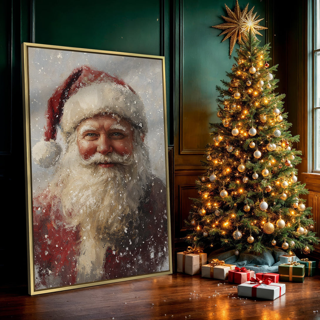 Canvas Print of Santa Claus portrait in a painterly style, featuring a red and white color palette, perfect holiday wall art.
