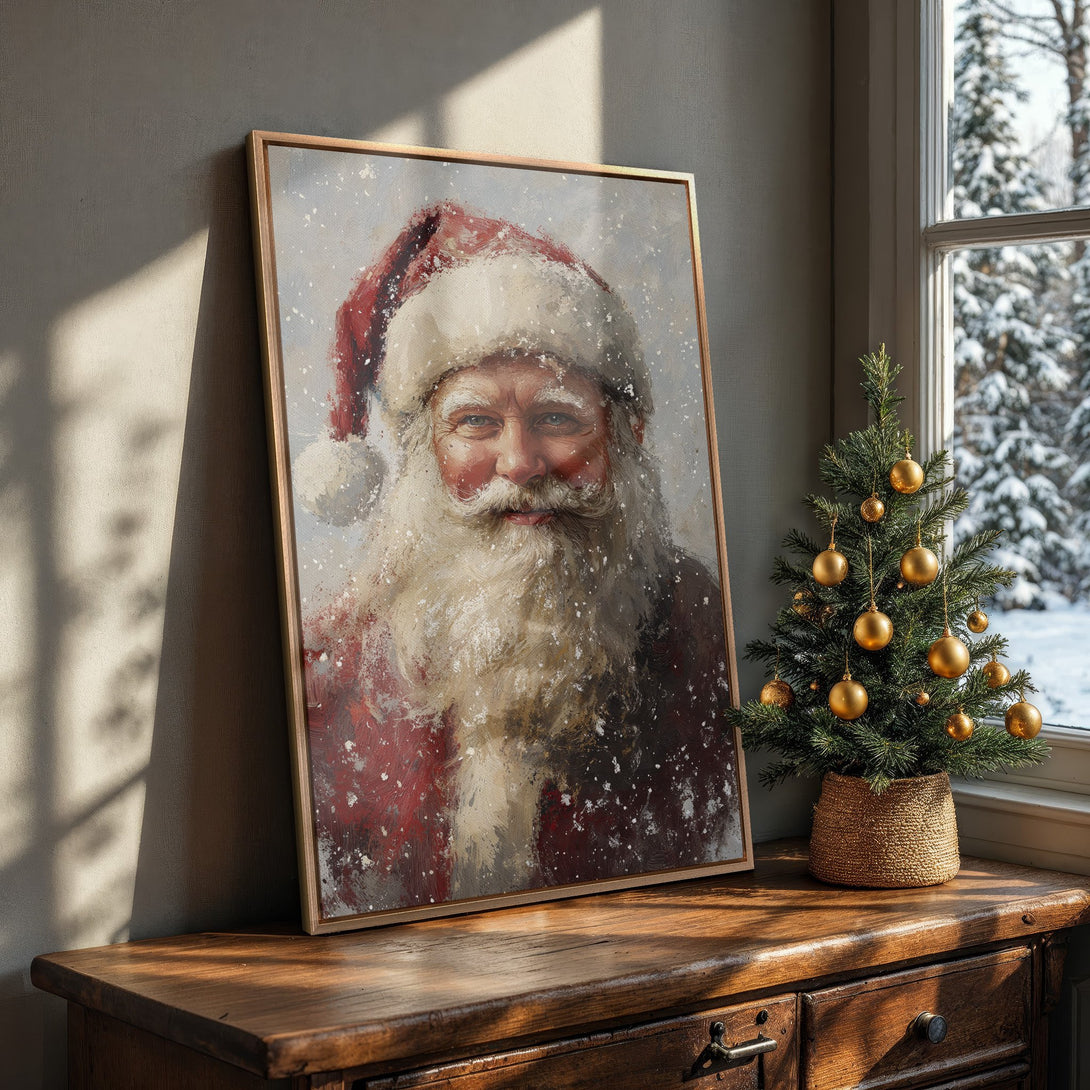 Framed Wall Art of Santa Claus in a painterly style, featuring a red, white, and gray color palette, perfect for Christmas decor.