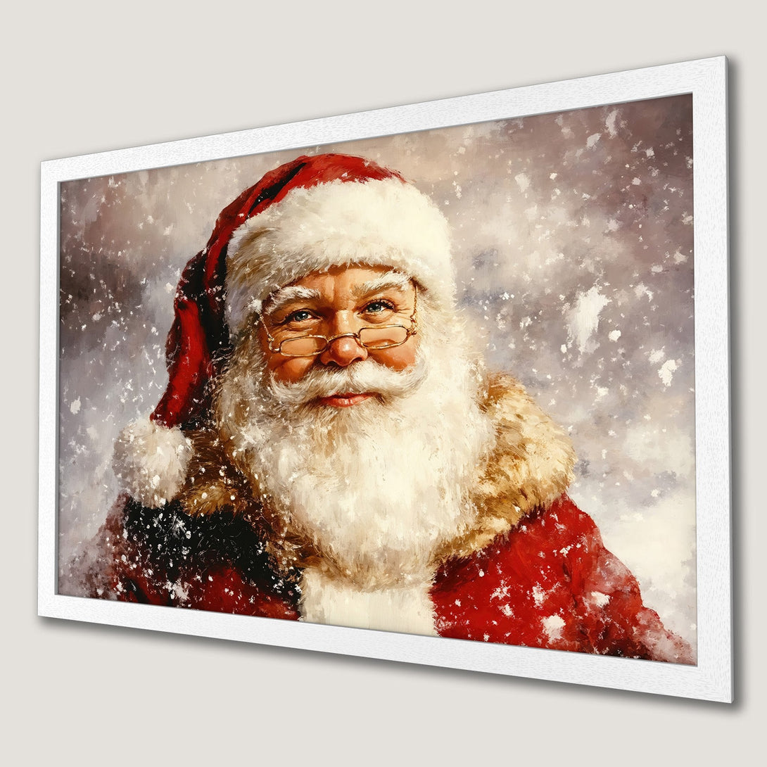 Framed Poster featuring Santa Claus in a painterly style with a red, white, and neutral color palette. Perfect Christmas decor!