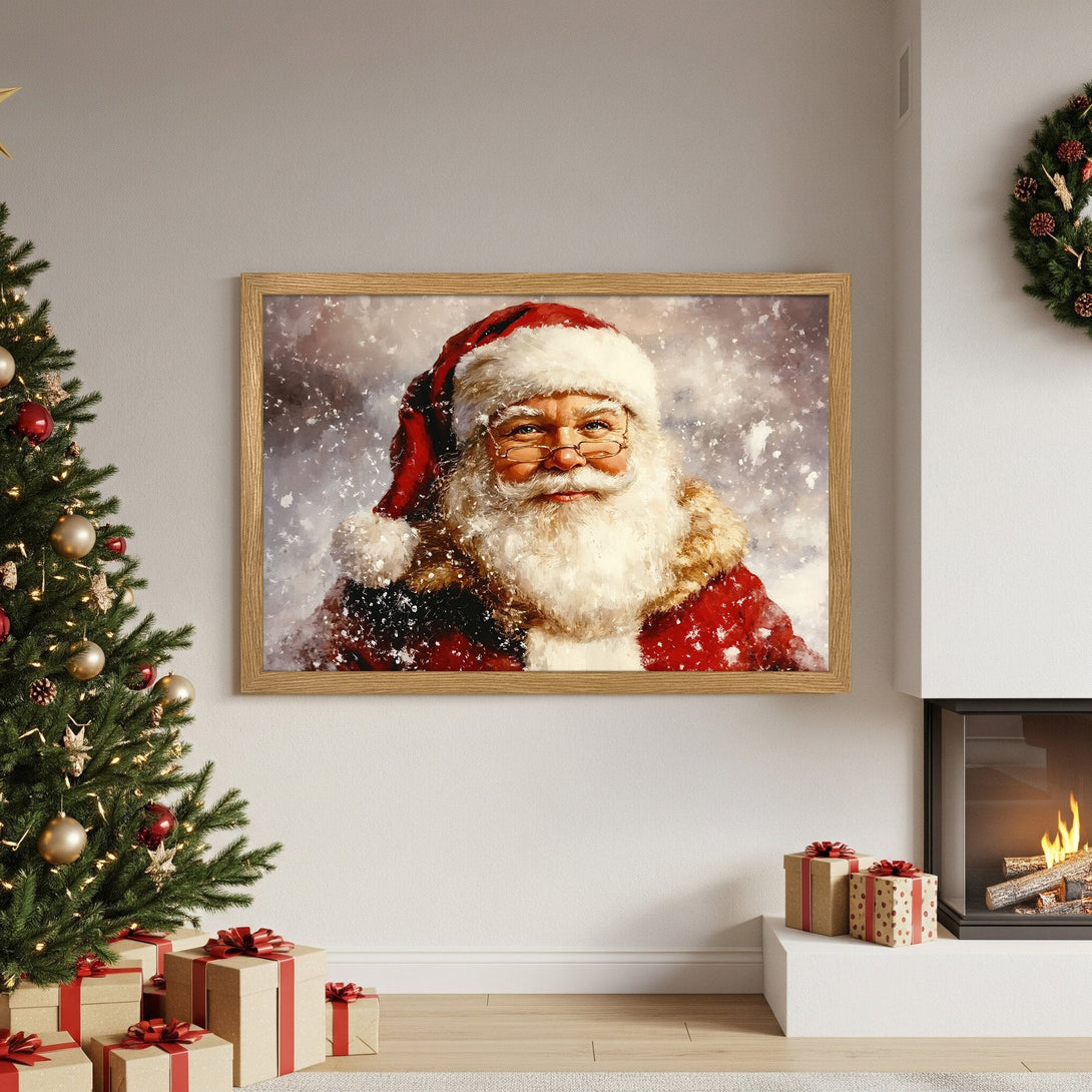 Framed Poster featuring Santa Claus in a festive, painterly style. Red, white, and neutral tones create a cozy Christmas vibe. Perfect holiday decor!