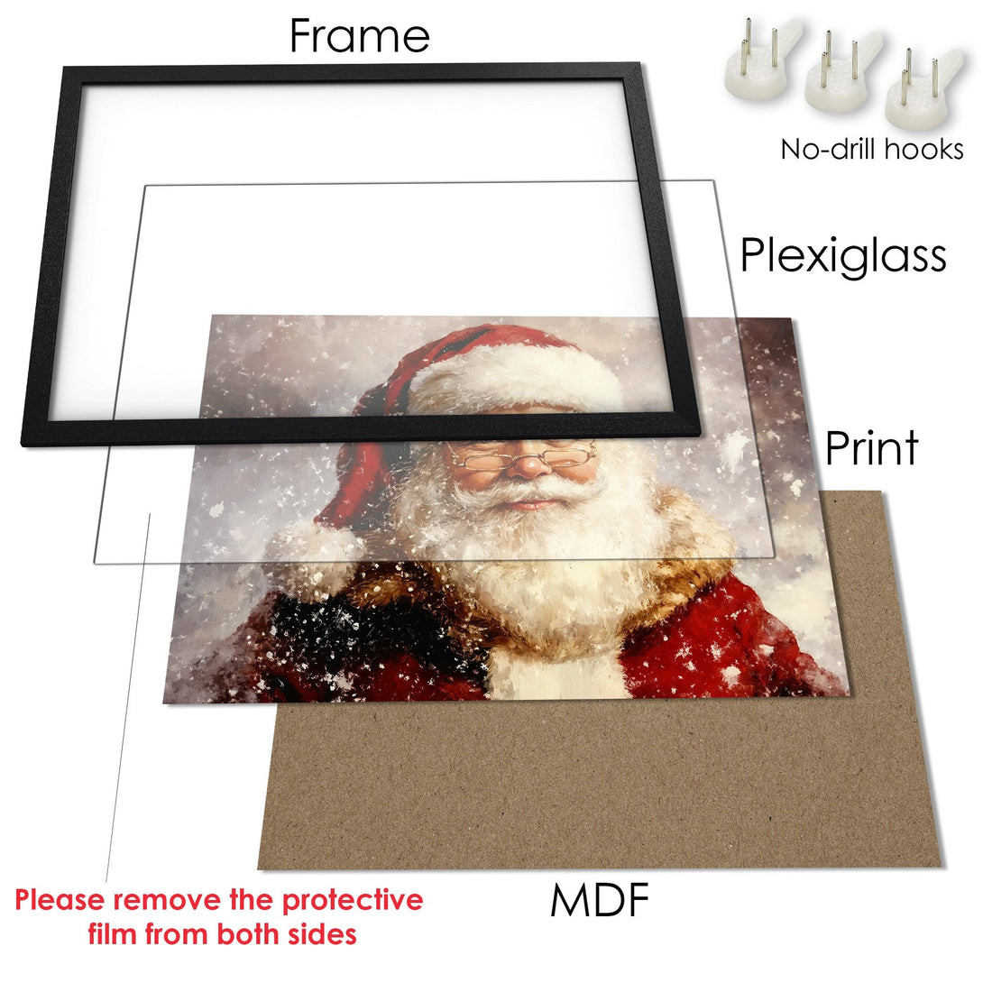 Framed Poster of Santa Claus in a painterly style, featuring a red and white color palette, perfect for Christmas decor.