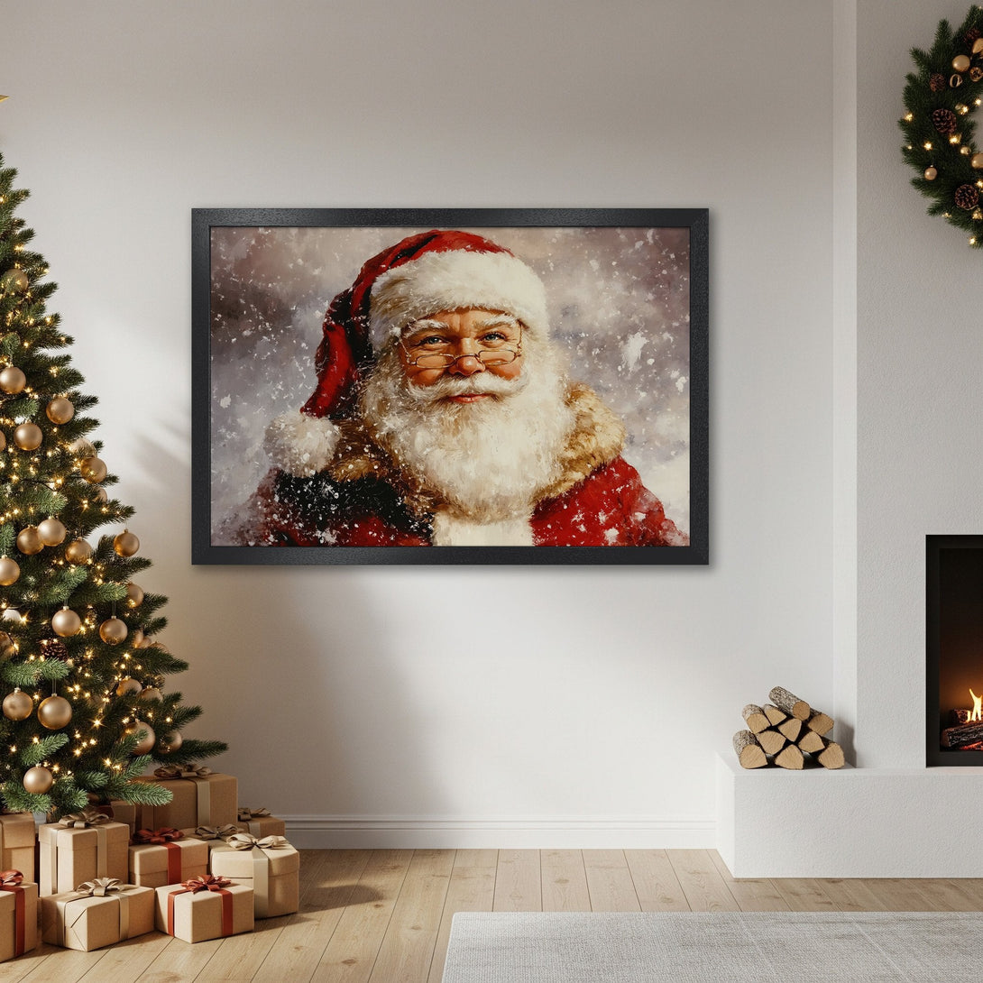 Framed Poster featuring Santa Claus in a painterly style. Festive red, white, and neutral tones for perfect holiday decor. Get yours today!