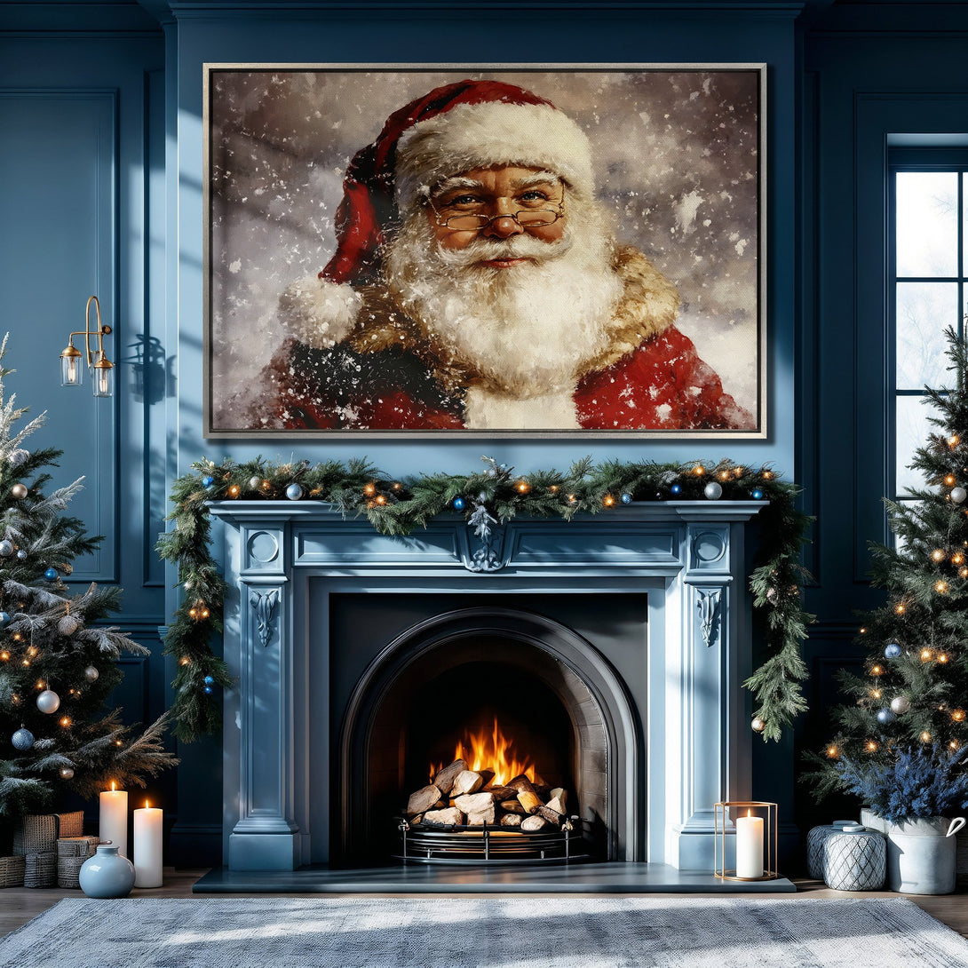 Framed Wall Art featuring Santa Claus in a snowy scene. Festive Christmas decor with a warm, inviting color palette. Perfect for holiday home styling.