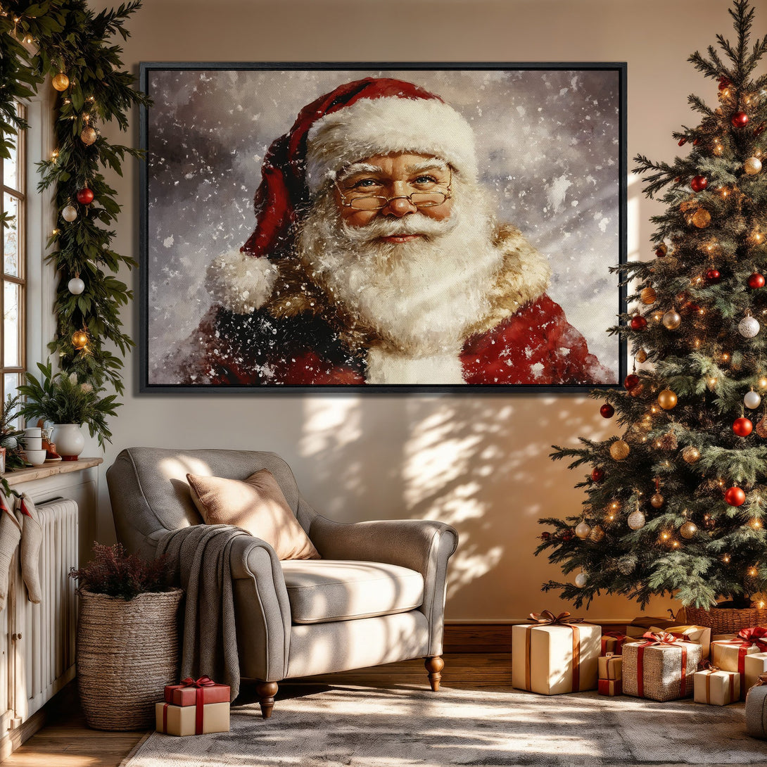 Framed Wall Art of Santa Claus in a cozy interior. Festive painting with a warm, red, and neutral color palette, perfect for Christmas decor.