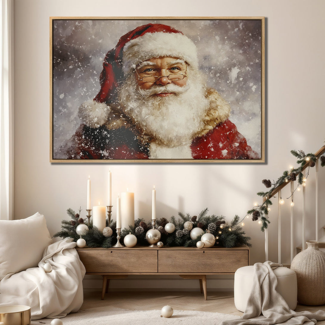Framed Wall Art of Santa Claus in a snowy scene. Warm, inviting, and festive Christmas decor. Perfect for holiday home styling.