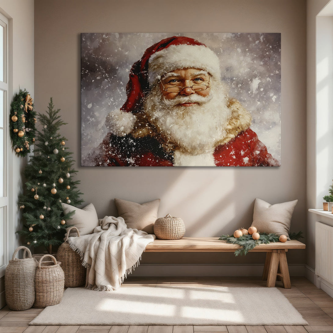 Framed Wall Art: Santa Claus portrait in a cozy living room. Festive red, white, and gold color palette. Perfect Christmas decor!