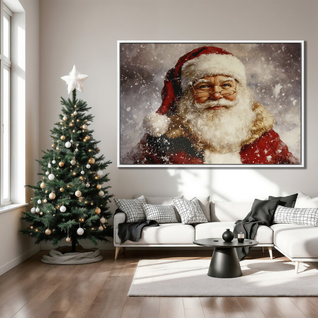 Framed Wall Art of Santa Claus in a snowy scene. Festive red & white color palette. Perfect Christmas decor for your living room. Shop now!