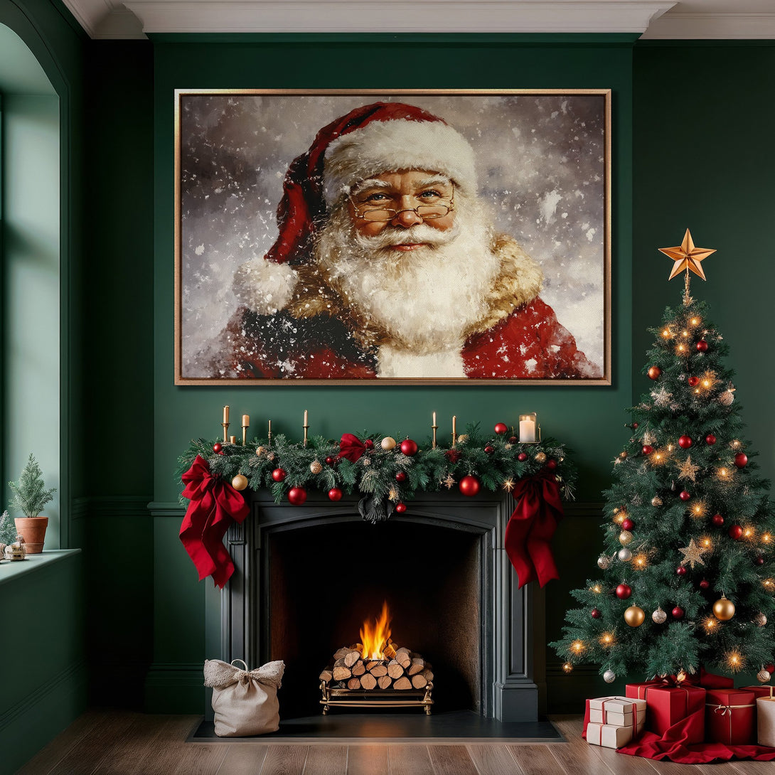 Framed Wall Art: Santa Claus portrait in a cozy Christmas interior. Warm red, gold, and green hues create a festive and inviting atmosphere.
