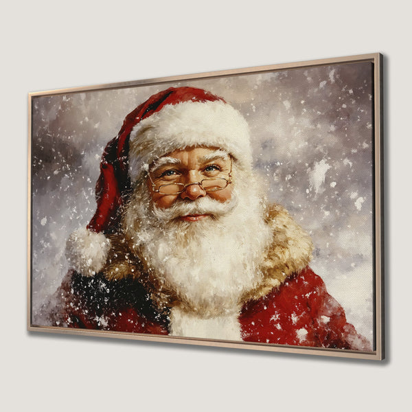 Framed Wall Art: Santa Claus portrait in a painterly style, featuring red, white, and neutral tones. Perfect Christmas decor!
