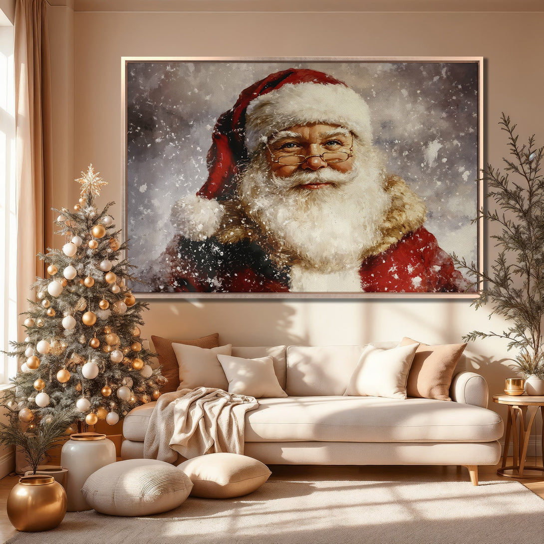 Framed Wall Art of Santa Claus in a warm, neutral interior. Festive holiday decor featuring a portrait with red, white, and gold color palette.