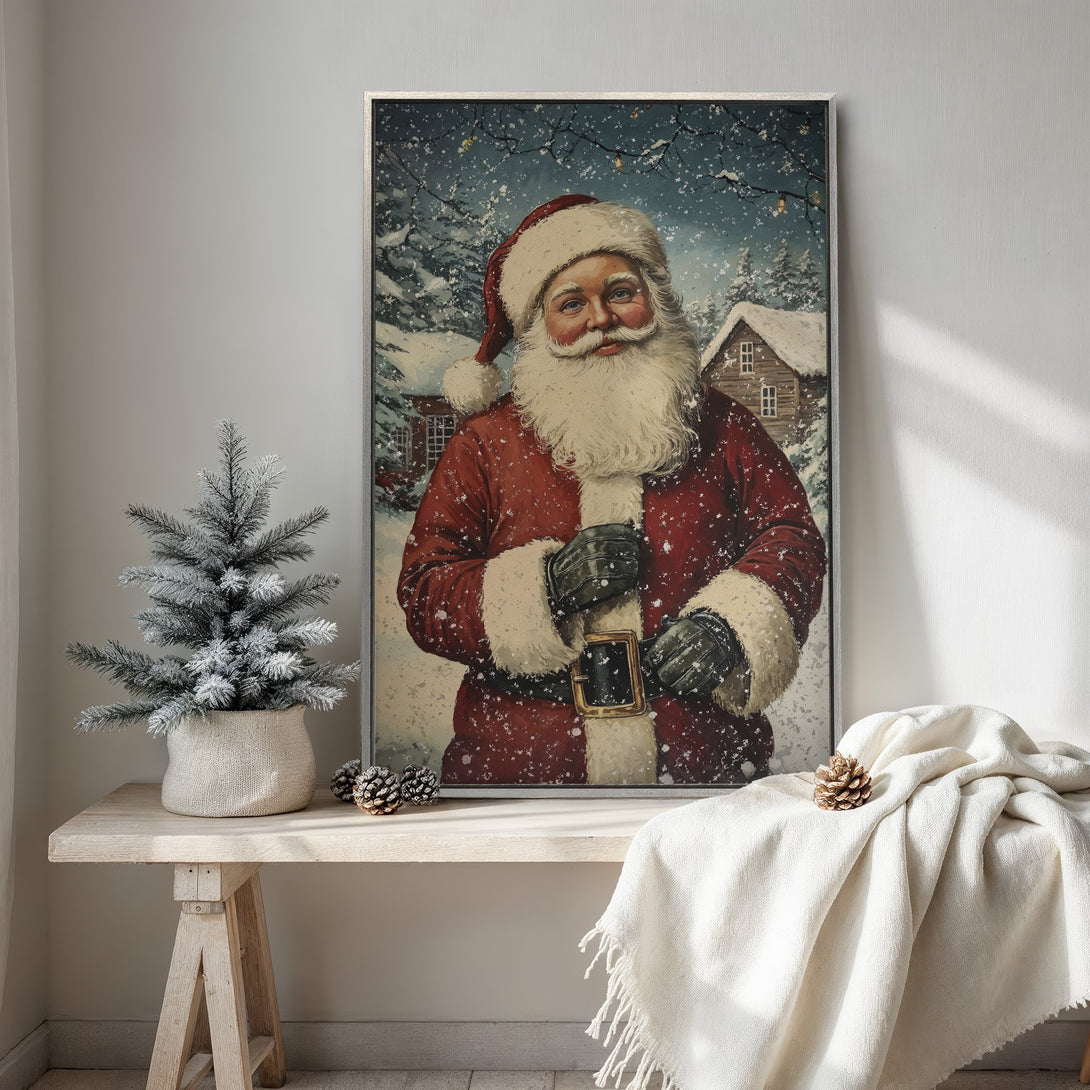 Framed Wall Art featuring Santa Claus in a winter scene. Festive red, white, and blue color palette. Perfect Christmas decor for a cozy, vintage-inspired home.