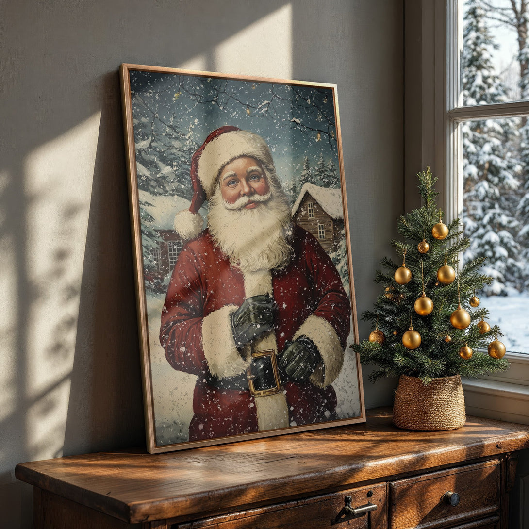 Framed Wall Art: Vintage Santa Claus Canvas Print in a cozy interior. Features a classic red and white color palette with a snowy winter scene. Perfect Christmas decor!