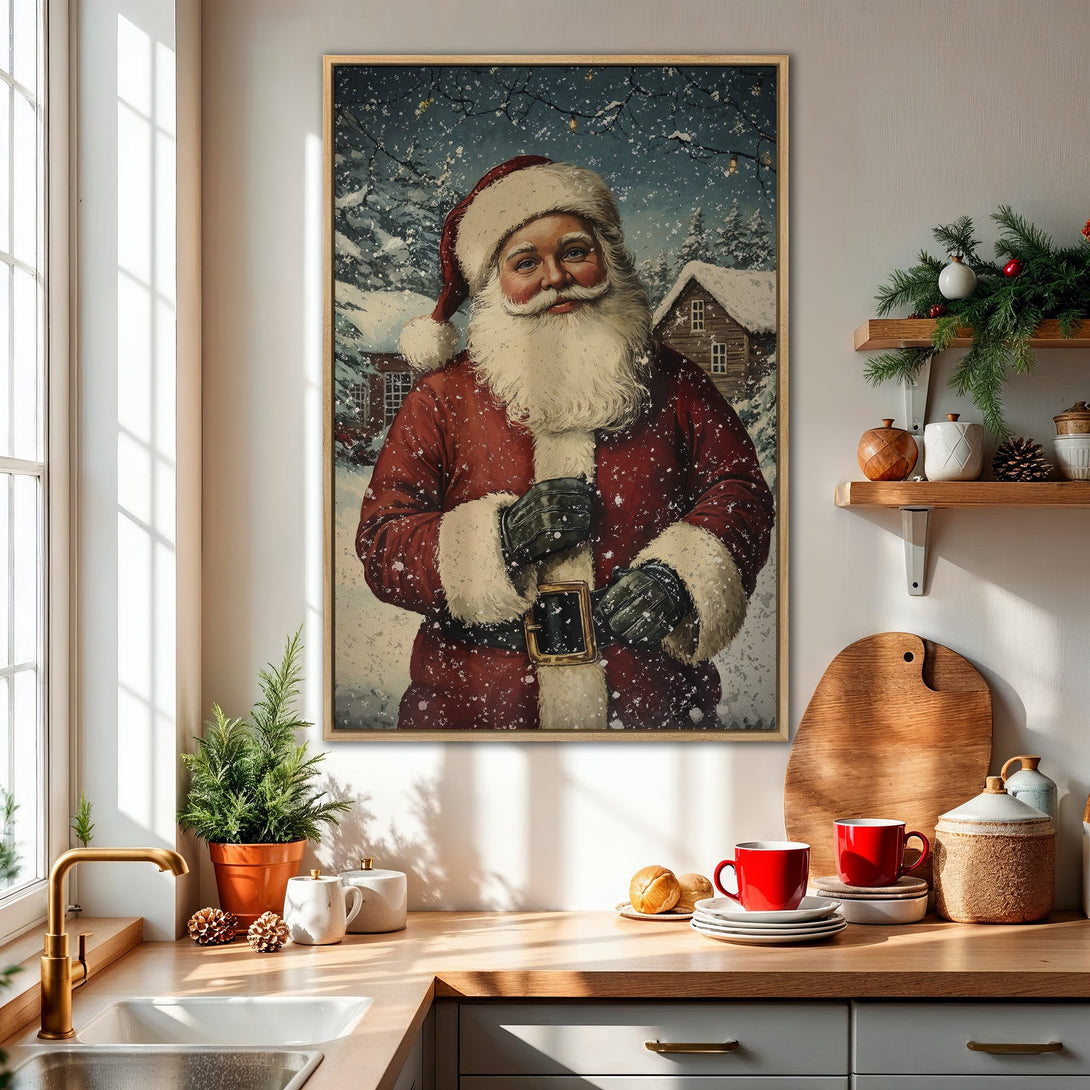 Framed Wall Art of Santa Claus in a snowy winter scene. Festive red, white, and blue color palette. Perfect Christmas decor for your home!