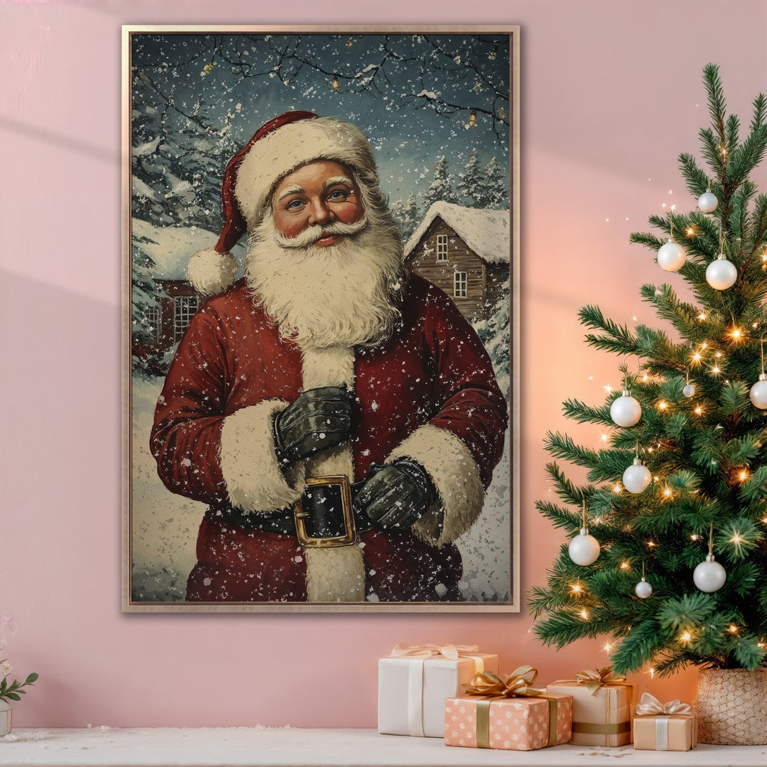 Framed Wall Art featuring Santa Claus in a vintage style, with a red and white color palette. Perfect Christmas decor!