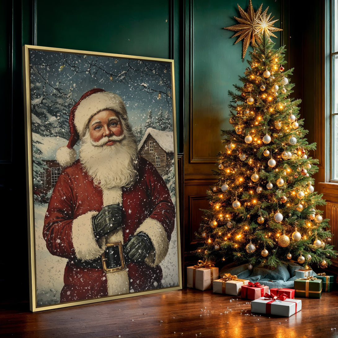 Canvas Print featuring a vintage Santa Claus in a snowy scene. Warm red, white, and blue color palette. Perfect holiday wall art!