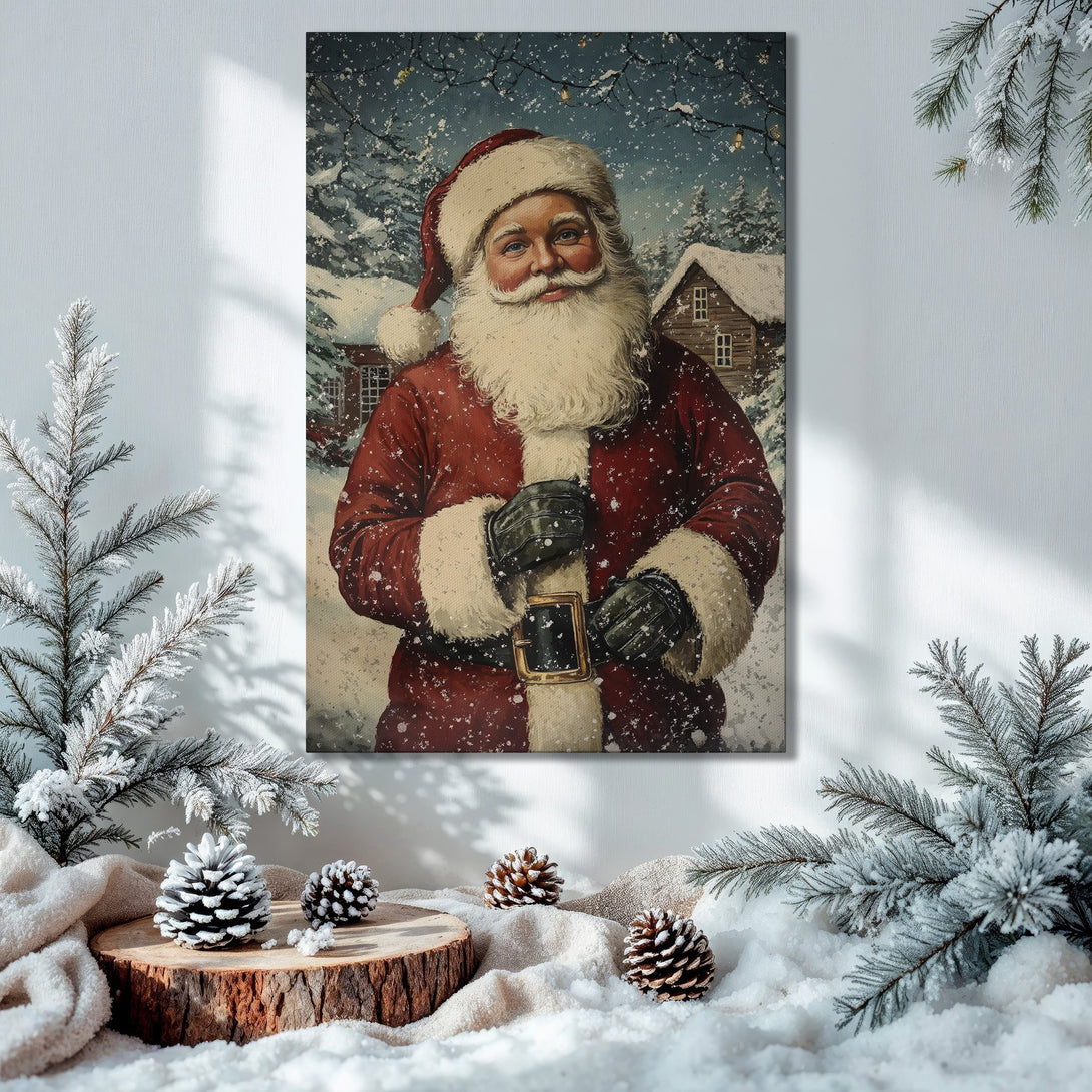 Framed Wall Art featuring Santa Claus in a snowy scene. Festive, vintage-style print with red, white, and gold tones, perfect for Christmas decor.