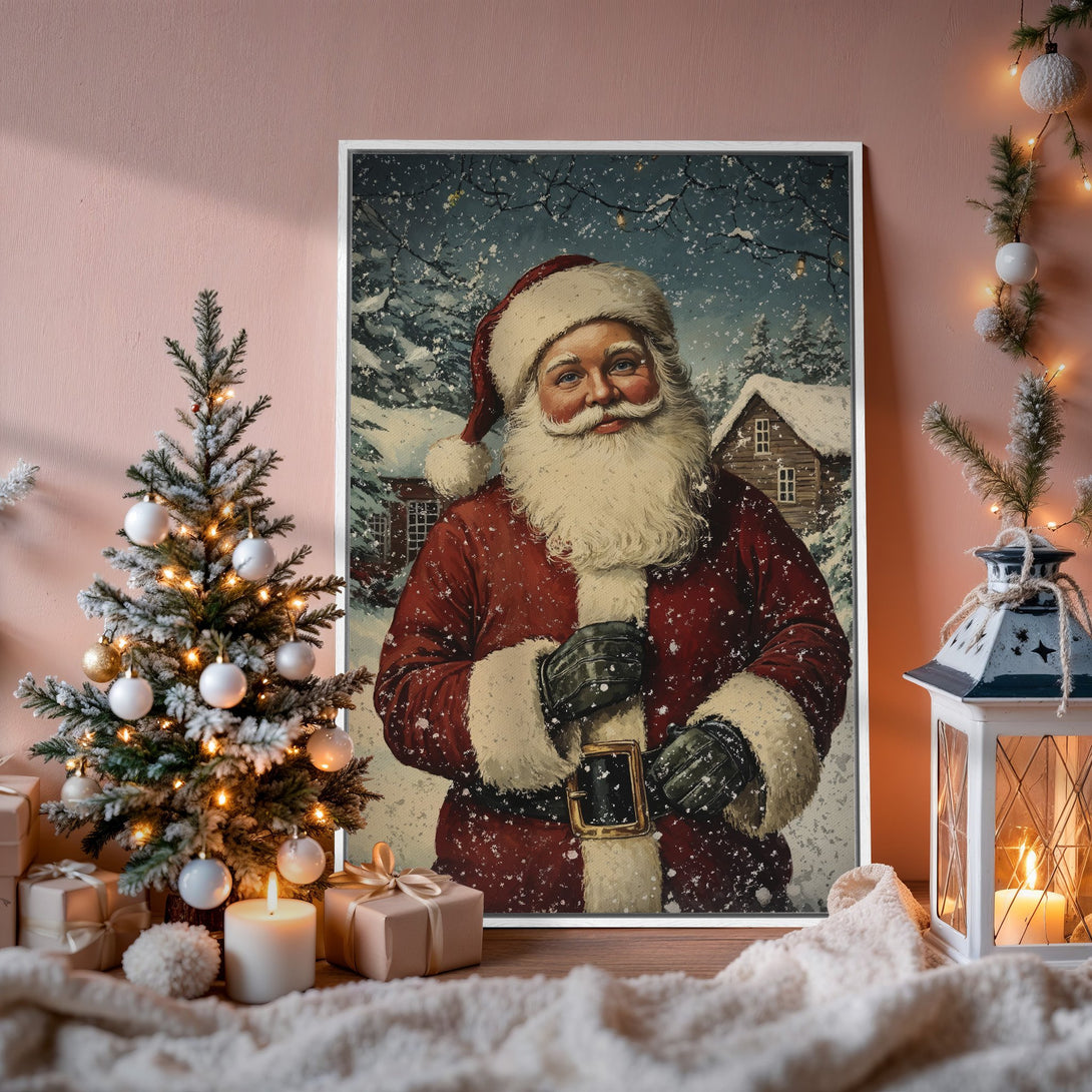 Framed Wall Art featuring Santa Claus in a vintage style, perfect for Christmas. Rich red and snowy blue color palette. Add festive cheer to your home!