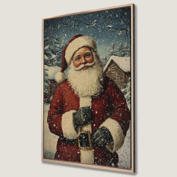 Framed Wall Art featuring Santa Claus in a vintage style, snowy scene with a warm red and blue color palette. Perfect Christmas decor!