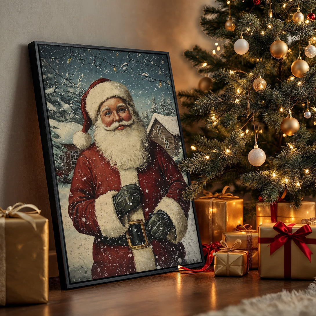 Framed Wall Art featuring Santa Claus in a snowy scene. Classic style with red, white, and blue tones, perfect for Christmas decor.