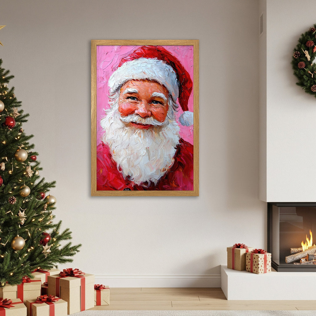 Framed Poster of Santa Claus in a painterly style. Festive red & pink color palette, perfect Christmas decor!
