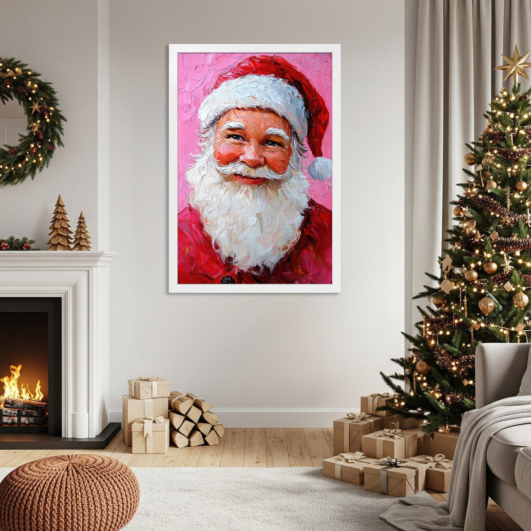 Framed Poster of Santa Claus in a vibrant impasto style, featuring a red, white, and pink color palette, perfect for Christmas decor.