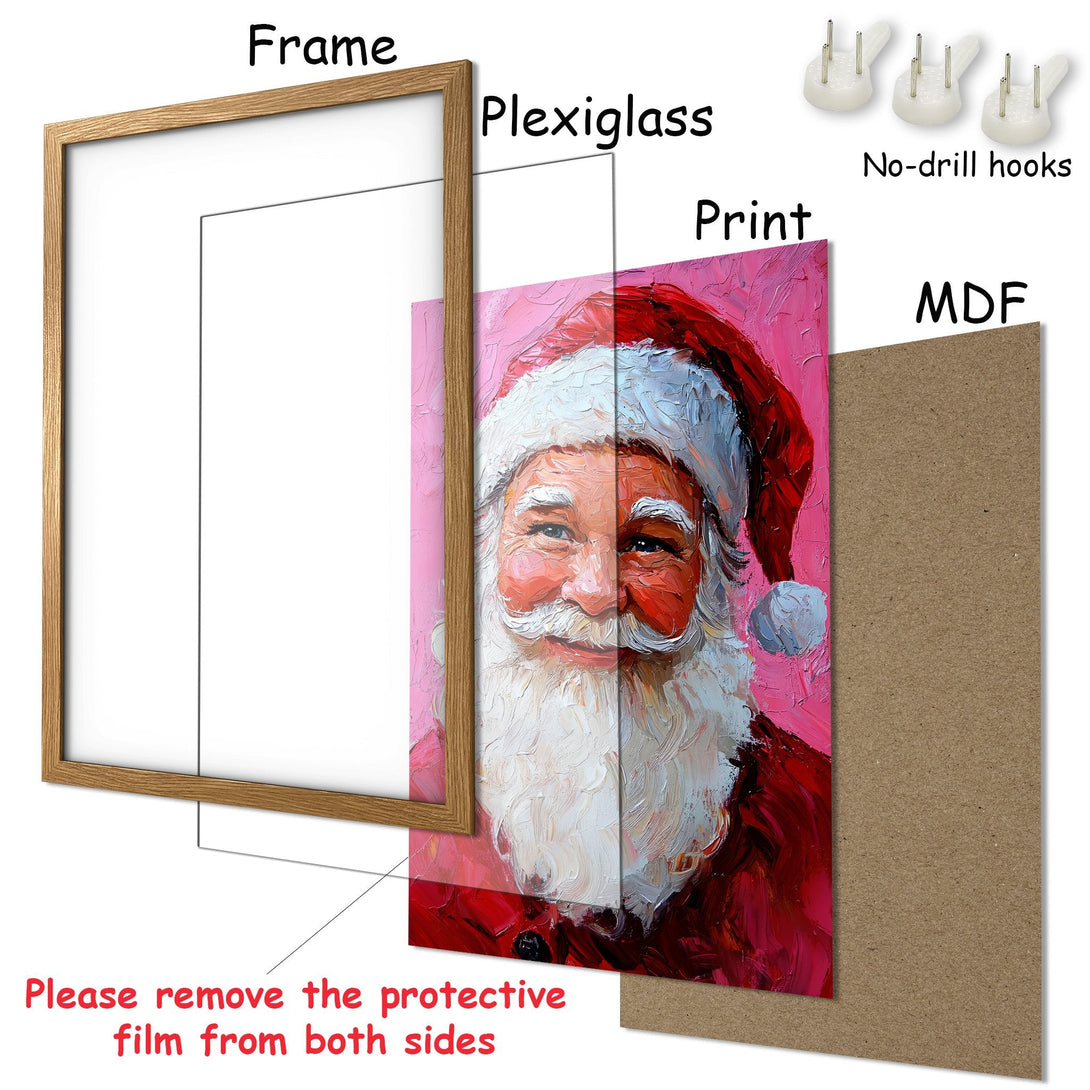 Framed Poster featuring Santa Claus art in a vibrant red and pink palette. Perfect Christmas decor!