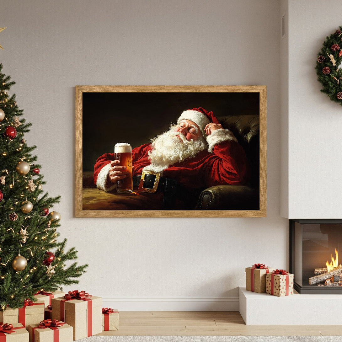 Framed Poster of Santa relaxing with a beer. Classic style, warm red & gold tones. Perfect Christmas decor!