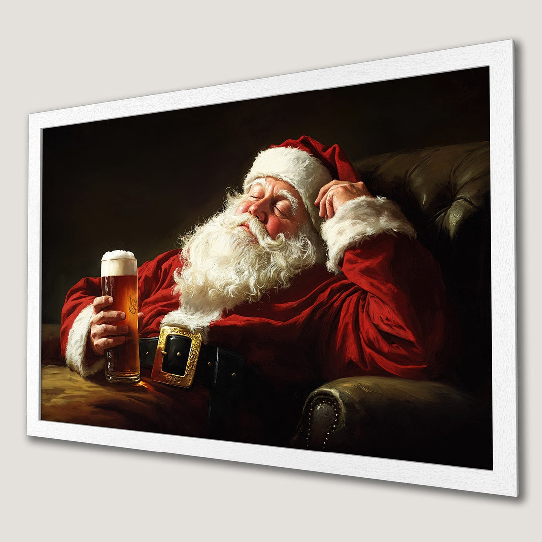 Framed Poster of Santa Claus relaxing with a beer. Classic style with red, black, and gold color palette. Perfect Christmas decor!
