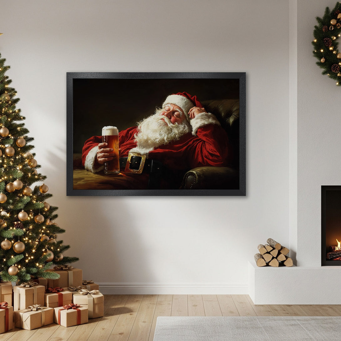 Framed Poster featuring Santa Claus relaxing with a beer. Classic style, warm red and brown tones, perfect Christmas decor.