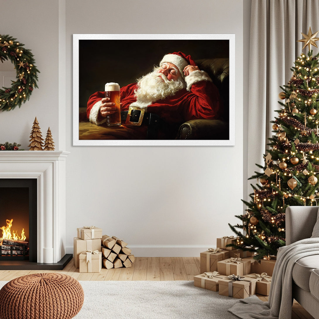 Framed Poster of Santa relaxing with beer. Classic style, warm red and gold palette, perfect Christmas decor.