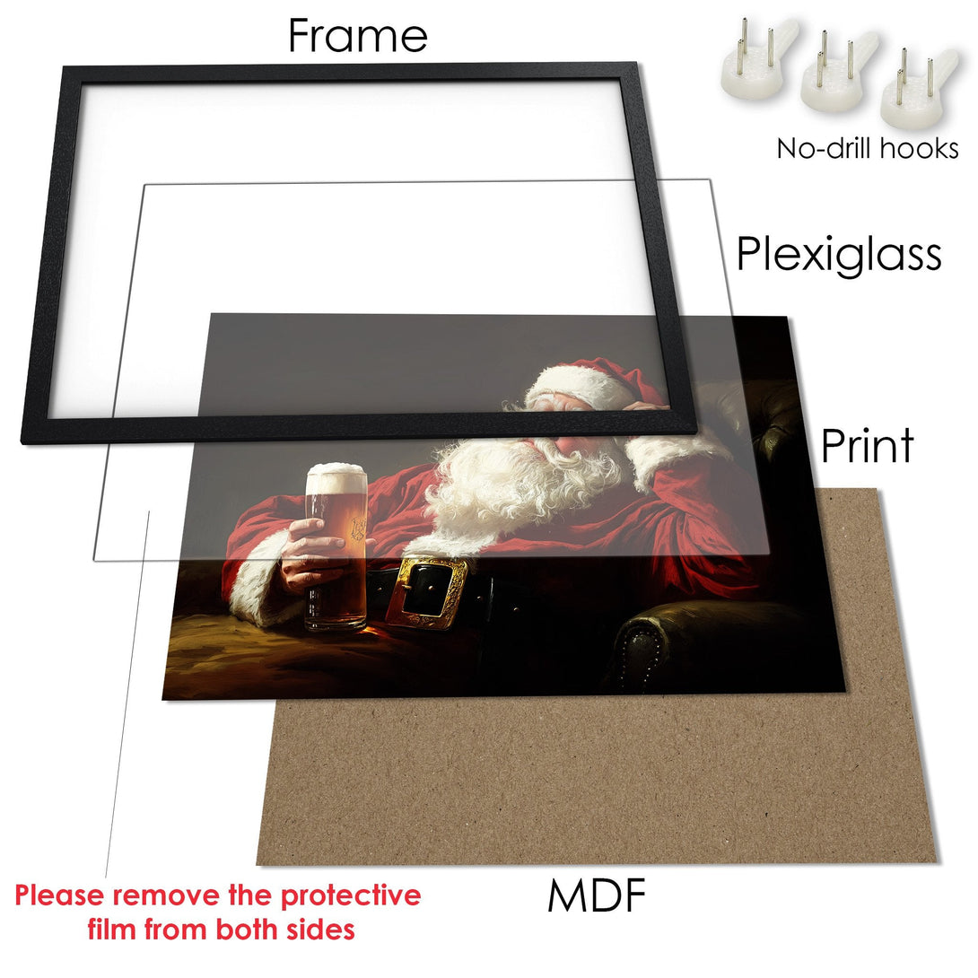 Framed Poster of Santa enjoying a beer, classic style, rich red & brown tones. Perfect holiday wall art!