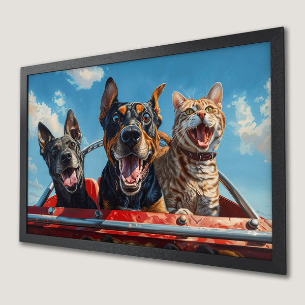 Framed Poster featuring happy dogs and cat, vibrant colors, whimsical art style. Perfect wall decor!