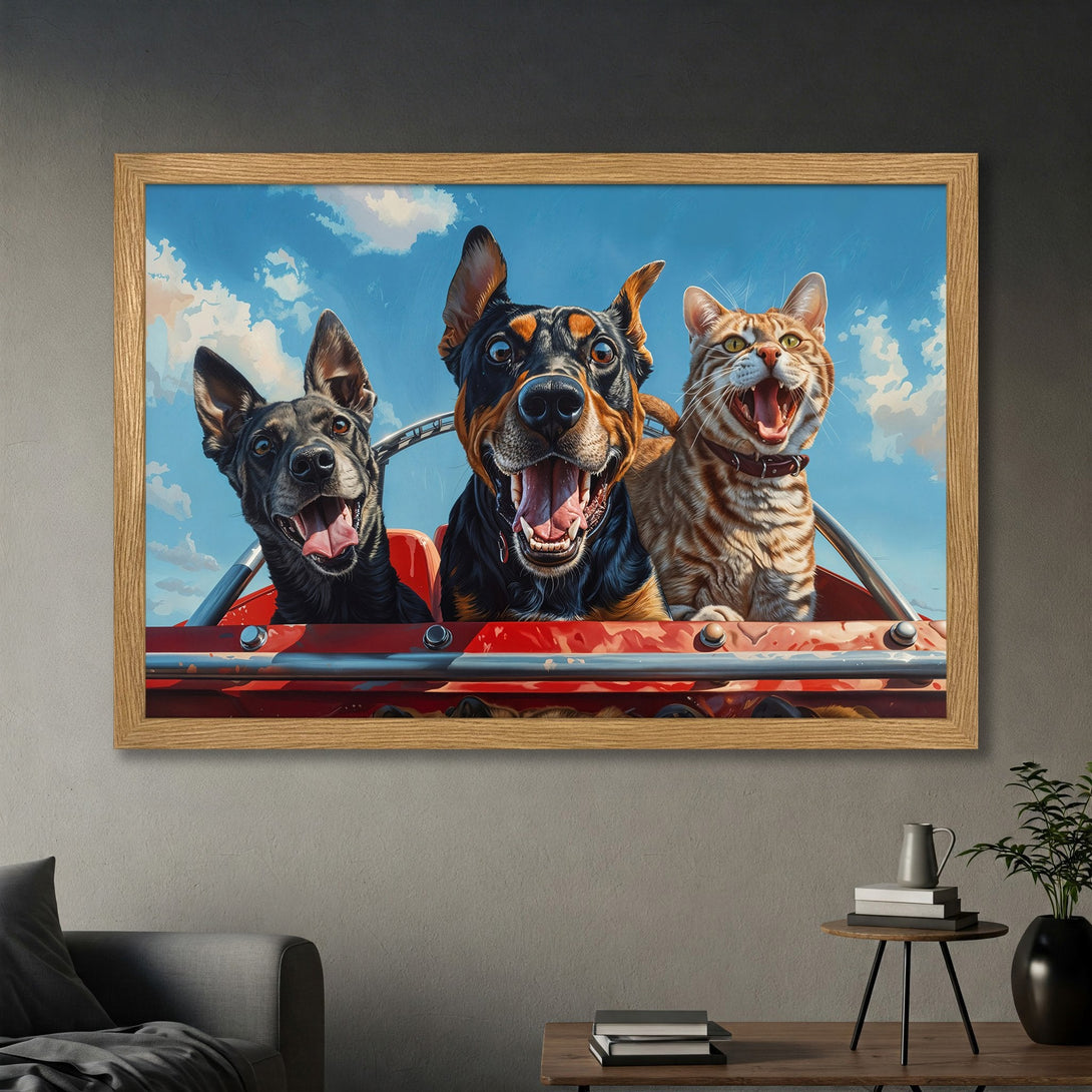 Framed Poster featuring dogs and a cat in a car with a blue sky background. Whimsical style, vibrant red and blue color palette.