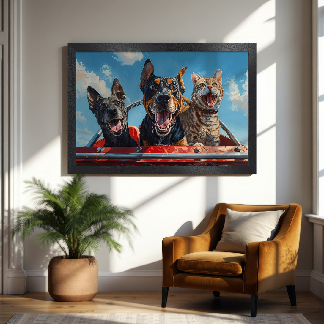 Framed Poster featuring happy dogs and cat in a car, vibrant colors, artistic style, perfect wall art for pet lovers.