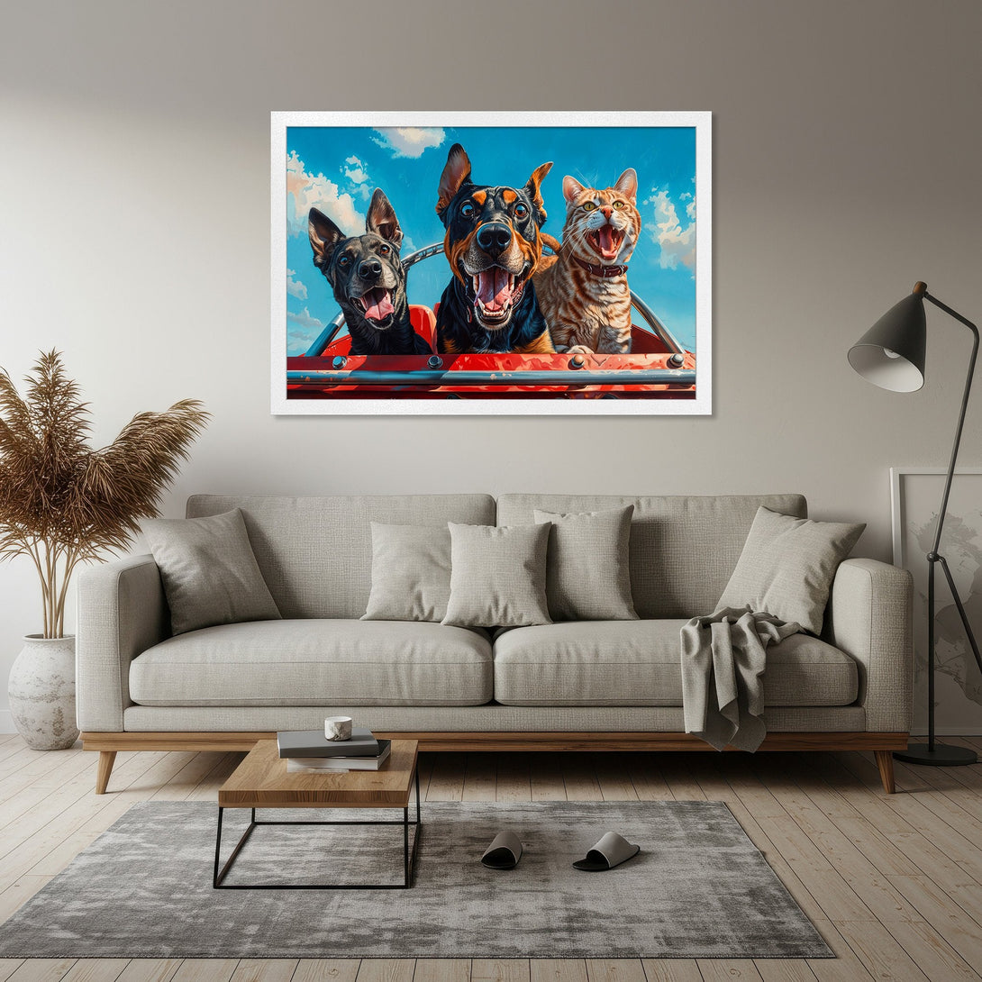 Framed Poster featuring dogs and a cat in a car, vibrant colors against a blue sky. Perfect wall art for pet lovers!