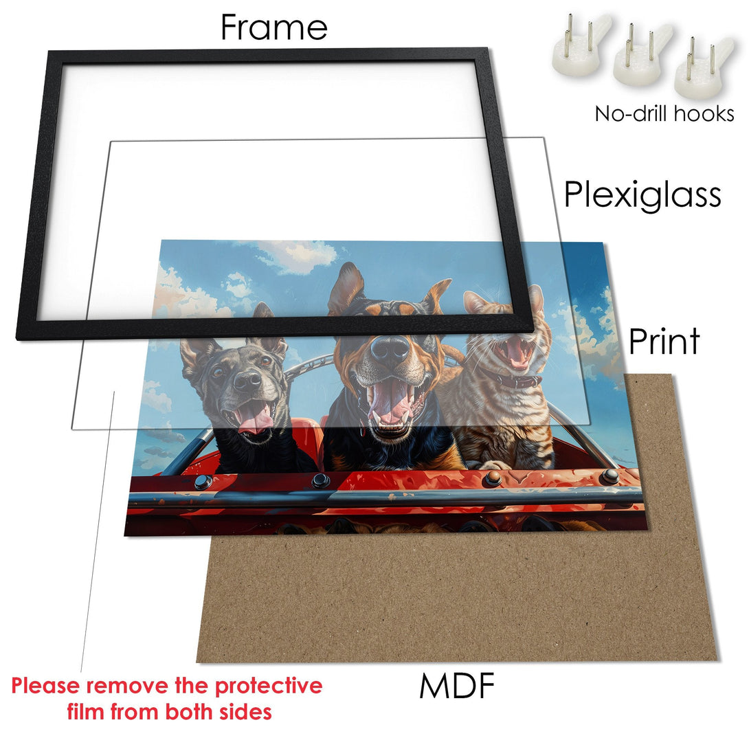 Framed Poster featuring dogs and a cat in a car, vibrant colors, playful illustration style. Perfect wall art for pet lovers!