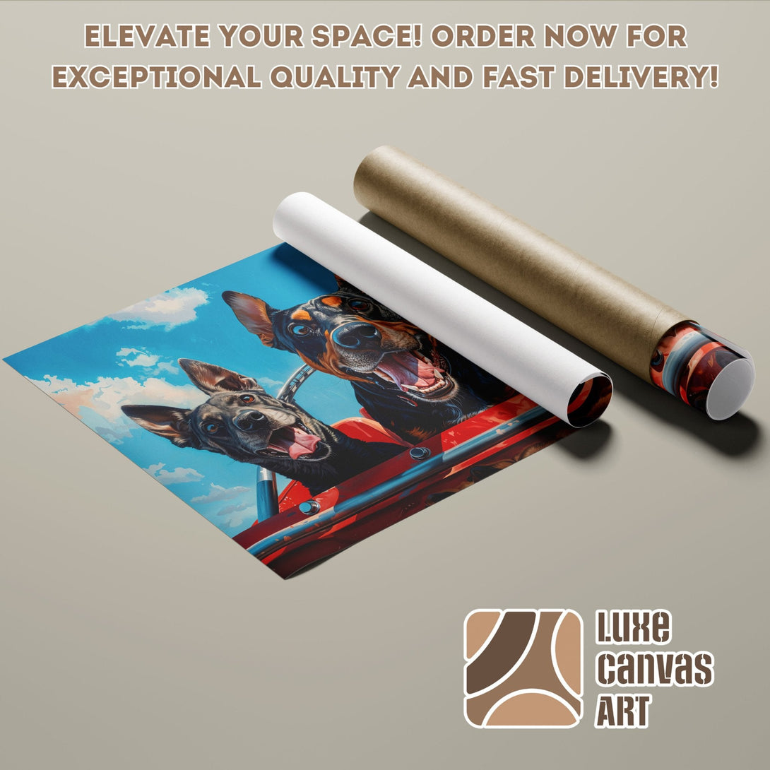 Poster Roll featuring dogs in a vibrant style with blue sky and red accents. Order yours today!
