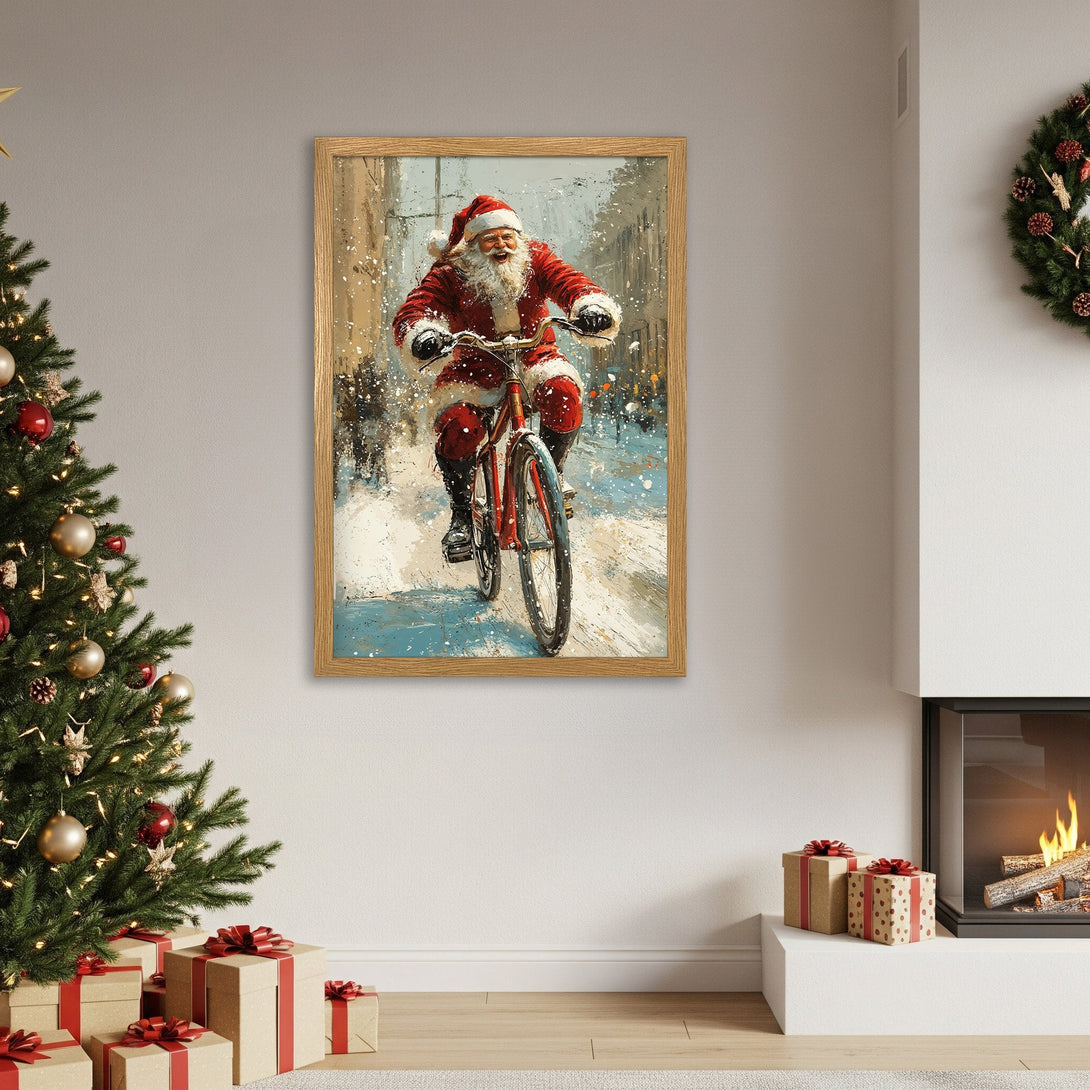 Framed Poster of Santa Claus on a bike in a snowy scene, festive holiday art with red and blue tones. Perfect Christmas decor!
