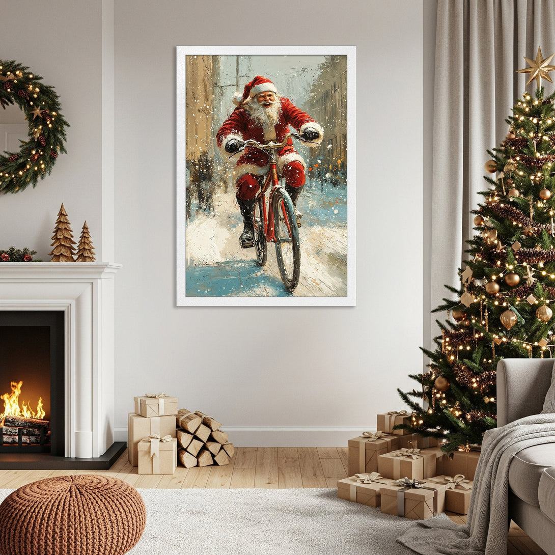 Framed Poster of Santa Claus on a bike, festive art in red, white, and blue, perfect for Christmas decor.